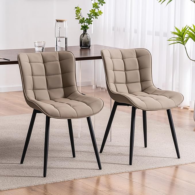 YOUTASTE Khaki Dining Chairs Set of 2, Comfy Faux Leather Upholstered Kitchen Chairs with Black Metal Legs, Mid-Century Modern Design, Accent Chair for Dining Room, Bedroom, Reception