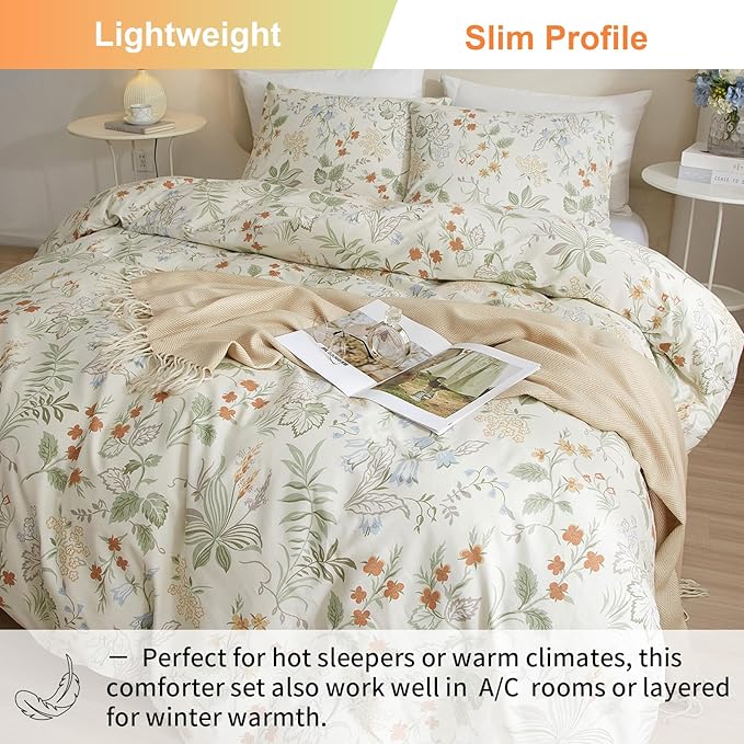 EAVD Fresh Vintage Floral Comforter Set Twin XL White Soft Microfiber Garden Leaves Floral Bedding Comforter Set with 2 Pillowcases Reversible Cottagecore Botanical Comforter Set for Girls Women