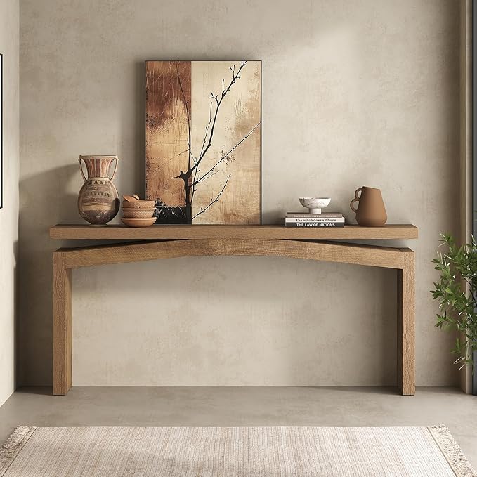 63-Inch Wood Console Table for Entryway Living Thin, Long Wooden Rectangular Sofa Tables Behind Couch, Large Farmhouse Foyer Hallway Table for Home, Living Room, Apartment, Natural Brown