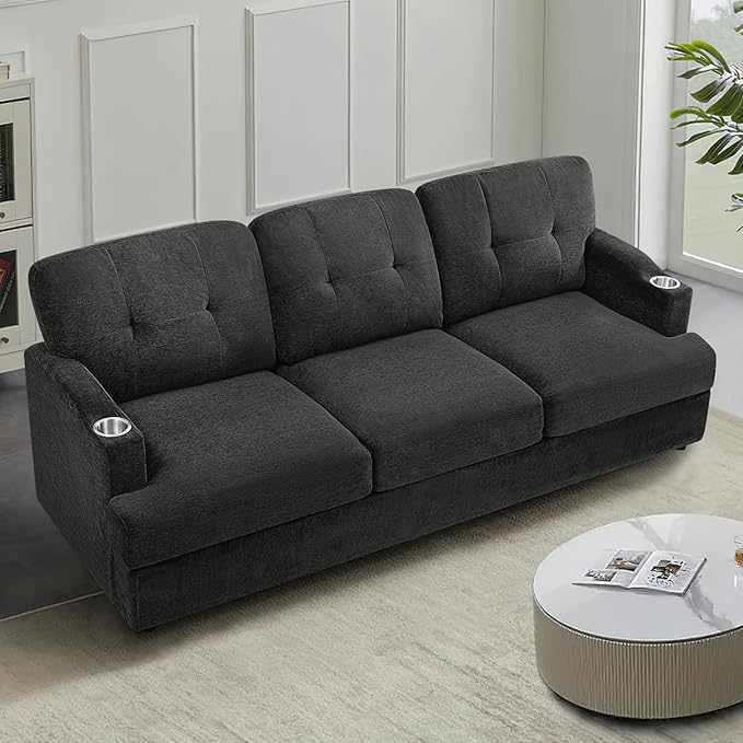 89" Chenille 3 Seats Sofa with Built-in Cup Holder, Tufted Modern Couch with Thickened Seat Cushions, Soft Upholstered Sofa with Deep Seating Space for Living Room, Apartment, Dark Grey