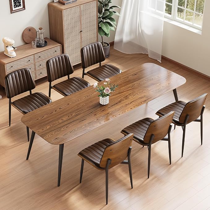 Dining Chairs Set of 2, Mid Century Modern Dining Room Kitchen Chairs, Upholstered PU Leather Vertical Stripe Chairs for Vanity with Walnut Bentwood and Metal Legs, Brown