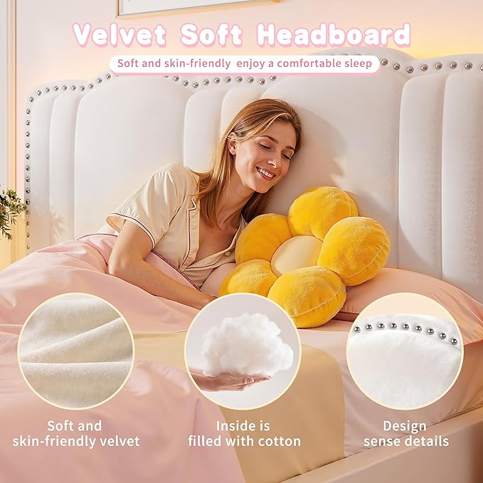 EnHomee Queen Bed Frame with LED and Velvet Headboard, Bed Frame Queen Size with Adjustable Cute Cloud Headboard, Strong Support, Noise Free, No Box Spring Needed, Easy Assembly, Cream