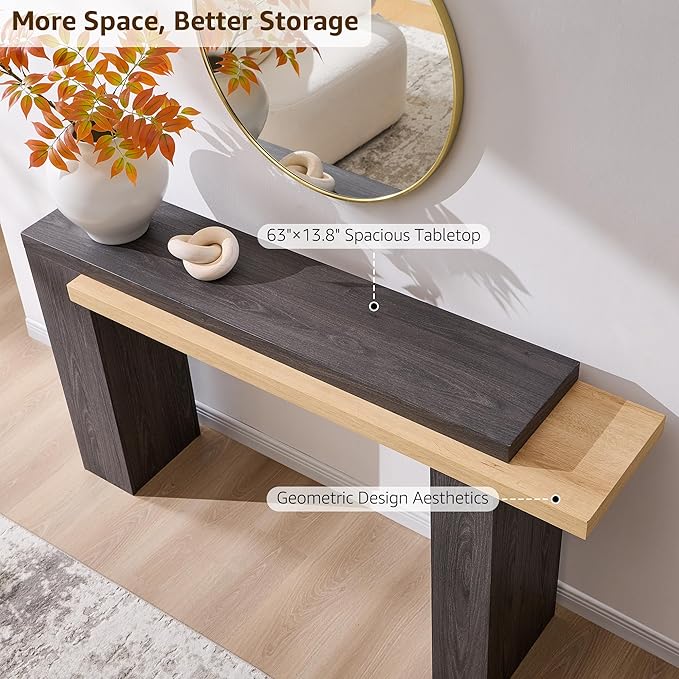 OKD 63 Inch Modern Entryway Console Table, Solid Geometry Accent Sofa Table Behind The Couch, Narrow Console Table for Entryway, Hallway, Living Room, Foyer, Natural Oak with Dark Alder