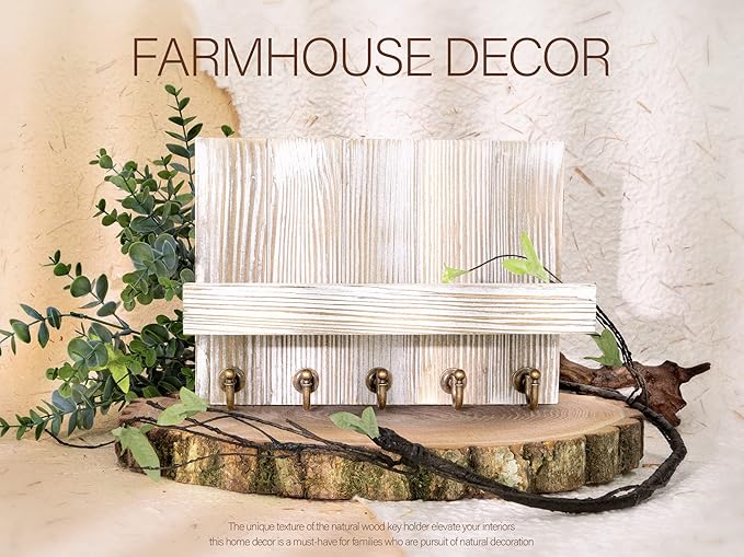 Rebee Vision Farmhouse Key Holder for Wall - Mail Organizer & Key Hanger for Wall - 5 Sturdy Key Hooks with Small Floating Shelf for Rustic Apartment Essentials (Natural Wood, 3.54"D x 10"W x 7.28"H)