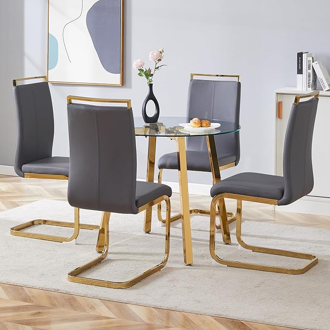 Round Dining Table Set for 4,36" Glass Dining Table Set for 4 with Stainless Steel Leg,Small Kitchen Table with 4 Cushion Chairs,5 Piece Dining Room Table Set Space Saving