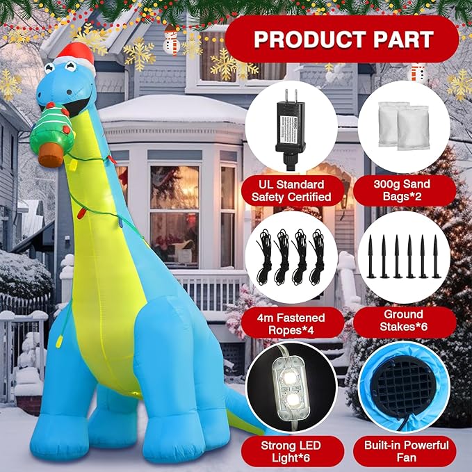 10 FT Christmas Inflatable Outdoor Decorations, Giant Christmas Dinosaur Blow up Yard Decor with Christmas Hat & Tree, Built-in LED Lights Xmas Holiday Decorations for Outside Lawn Garden Indoor