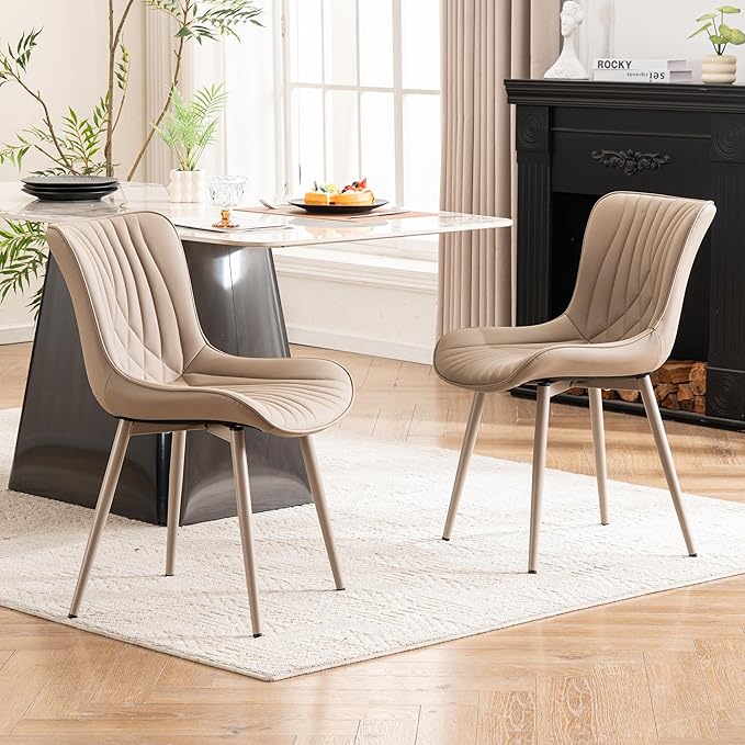 YOUTASTE Modern Upholstered Dining Chairs Set of 2, All Khaki Faux Leather Kitchen Chairs, Mid-Century Armless Accent Chairs with Metal Legs for Living Room, Bedroom