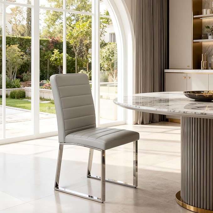 Modern Dining Chairs Set of 4, White Faux Leather Kitchen Chairs, Upholstered Armless Dining Room Chair with Gold Mental Legs Heavy Duty, Comfortable (Grey Chiars, Set of 4)