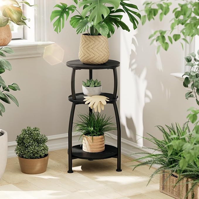 Small Round Side Table, 3-Tier End Table with Storage Shelf, Slim Sofa Table Coffee Table, Sturdy & Easy Assemble Nightstand for Small Spaces, Living Room Bedroom Corner, Black