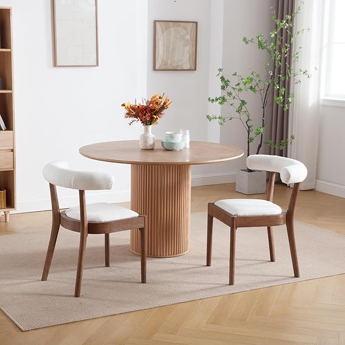 Kmax Dining Room Chairs Mid-Century Modern Fabric Kitchen Chairs with Natural Walnut Finished Frame, Linen Curved Back, Set of 4, White