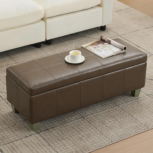 41" Faux Leather Storage Ottoman, Stitch Tufted Rectangle Upholstered End of Bed Storage Bench, Entryway Large Couch Ottoman with Wooden Legs, Coffee