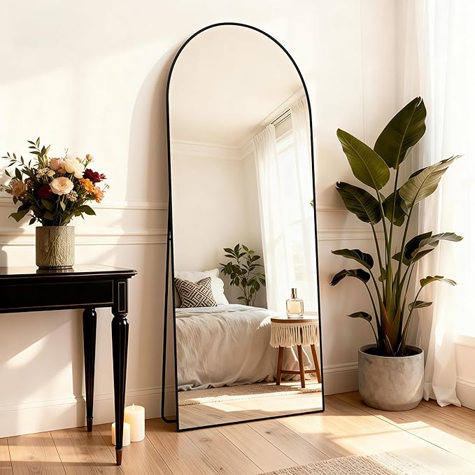 Arched Full Length Mirror 71"x26" - Floor Standing Body Mirror with Aluminum Frame,Leaning Hanging for Bedroom Cloakroom Living Room Black