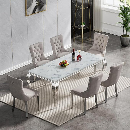 Goujxcy 70" Marble Dining Table Set for 6, Modern 7 Piece Dining Room Table Set with White Faux Marble Dining Table & 6 Grey Velvet Upholstered Chairs, Luxury Silver Kitchen Table Chairs Set of 6