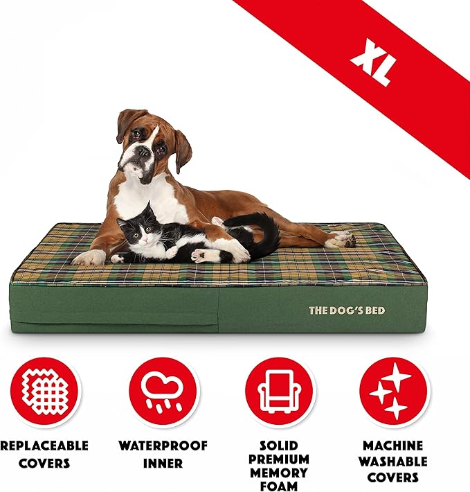 The Dog’s Bed Orthopedic Memory Foam Dog Bed, XL Green Tartan 46x28, Pain Relief for Arthritis, Hip & Elbow Dysplasia, Post Surgery, Lameness, Supportive, Calming, Waterproof Washable Cover