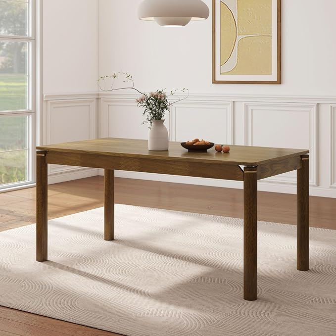 63" Dining Table for 4-6 People, Modern Farmhouse Rectangular Kitchen Table with Solid Wood Legs & Gold Trim, Large Long Dining Room Table for Living Room, Walnut