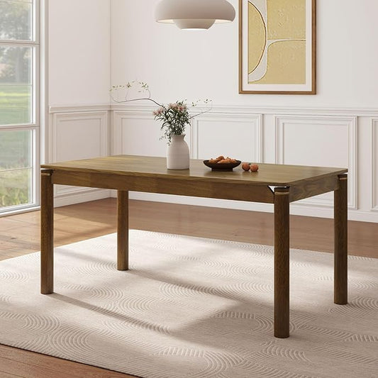 63" Dining Table for 4-6 People, Modern Farmhouse Rectangular Kitchen Table with Solid Wood Legs & Gold Trim, Large Long Dining Room Table for Living Room, Walnut