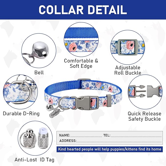 GAMUDA Small Dog Harness Collar and Leash Set, Step in No Chock No Pull Soft Mesh Adjustable Dog Vest Harnesses Plaid Reflective for Dogs Puppy Cats Kitten Rabbit (Blue Flower, XXS)