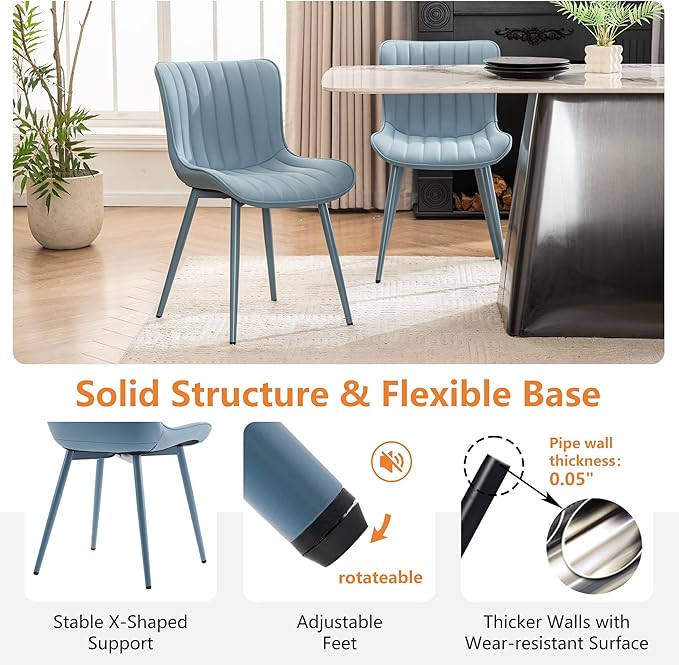 YOUNUOKE Mid-Century Modern Dining Chairs Set of 2, Blue PU Leather Upholstered Kitchen Chairs with Blue Metal Legs, Armless Accent Chair for Dining Room, Guest Reception Room