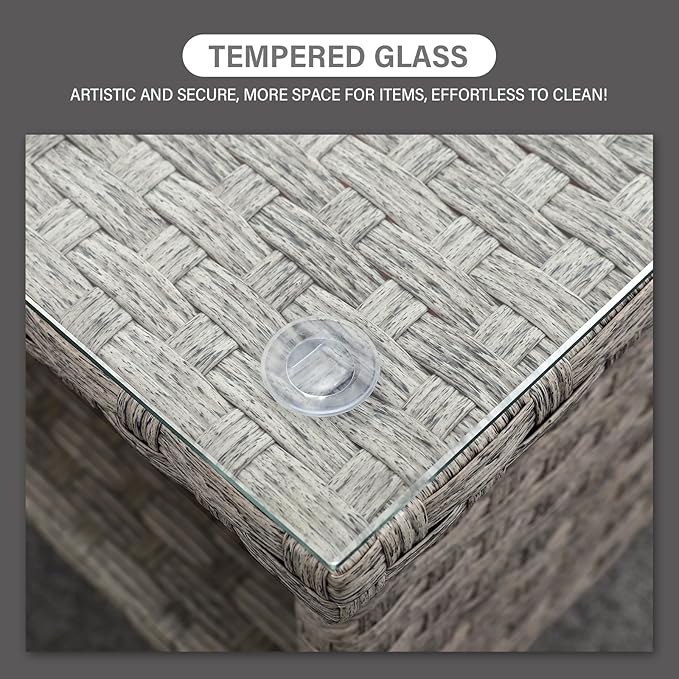Rattaner Patio Coffee Table Outdoor Furniture Wicker Table 2-Layer Storage with Tempered Glass and Furniture Cover, Grey