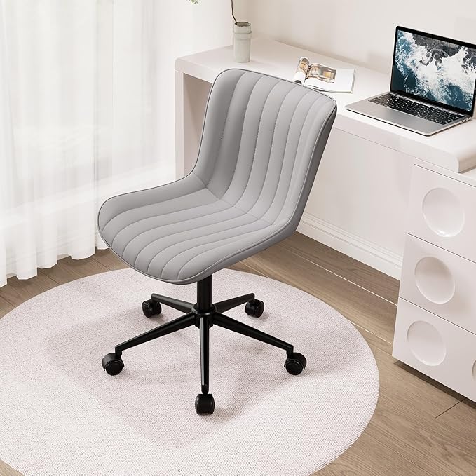 Kidol & Shellder Grey Leather Home Office Desk Chair with Wheels Modern Cute Armless Executive Swivel Vanity Chair with Comfy Padded Back Ergonomic Rolling Adjustable Computer Task Chair Small