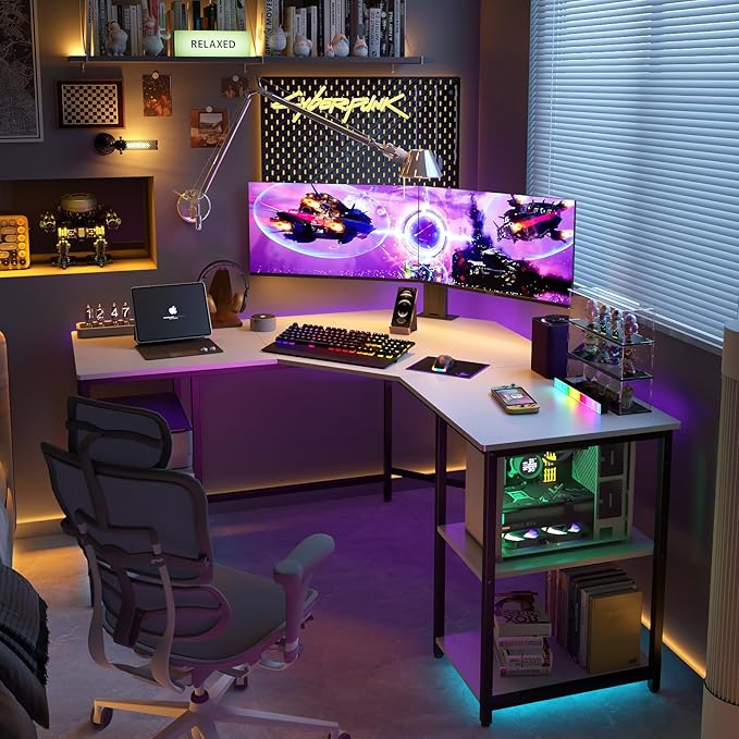 Elephance L-Shaped Desk with Shelves, Computer Corner Desk, Home Office Writing Workstation, Gaming Desk PC Laptop Table with Storage
