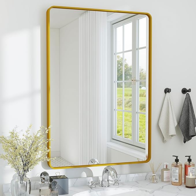24x36 Mirror Rectangle Full Length Wall Mounted or Against Wall Aluminum Alloy Metal Frame Dressing Mirrors for Entryway Bedroom Bathroom Living Room 36x24 inch Gold