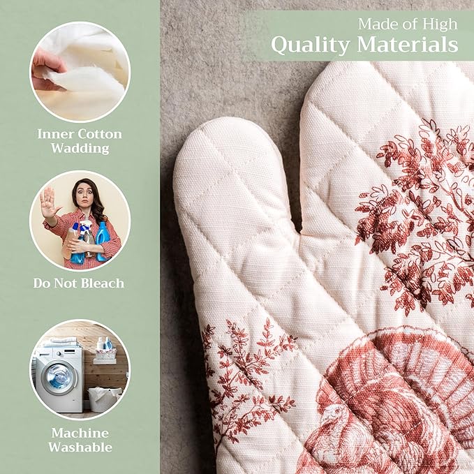 Maison d' Hermine Oven Gloves 100% Cotton Oven Mitt 7" x 13" with Loop Heat Resistant BBQ Cooking Gloves for Thanksgiving Christmas Decorations Baking Handling Hot Pans (Pack of 1, Holy Jouy - Brown)