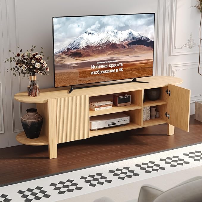 65 Inch TV Stand for Up to 75 inch TVs, Fluted Entertainment Center with Adjustable Shelve, Curved Round Corner TV Console Table with Storage Cabinet for Living Room, Bed Room (Natrual Wood)