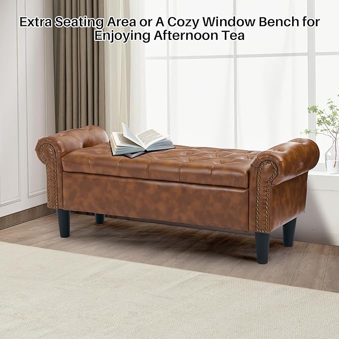 Queen End of Bed Bench with Storage, Faux Leather Tufted Button Upholstered Ottoman, Window Bench for Living Room, Entryway - Brown