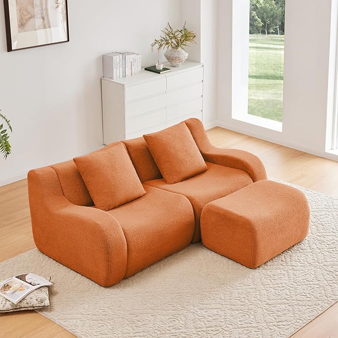 Orange Modular Cloud Couch Loveseat with 1 Ottoman, Teddy Fabric Boneless Sectional Sofa in a Box, Comfortable Floor Sofa for Living Room, No Assembly Required, Sofas para Sala
