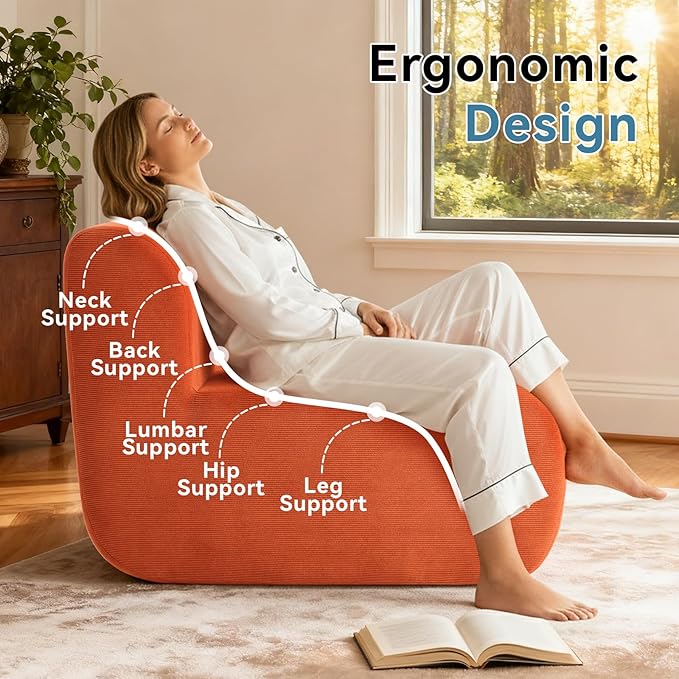 Single Sofa Chair, Upholstered Floor Sofa Couch Fireside Beanbag Chair,Corduroy Boneless Couch for Small Spaces,Memory Foam Lounge Chair for Bedroom, Living Room,Orange