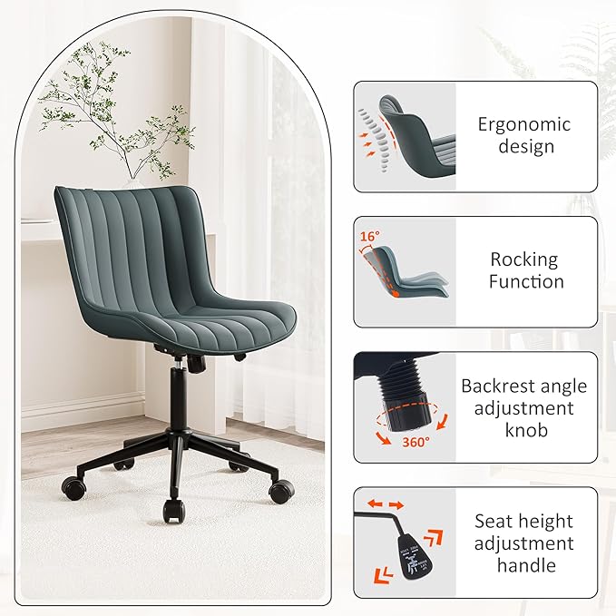 Kidol & Shellder Leather Home Office Desk Chair with Wheels Modern Cute Armless Executive Swivel Vanity Chair with Comfy Back Ergonomic Rolling Adjustable Computer Task Chair Small Greyish Green