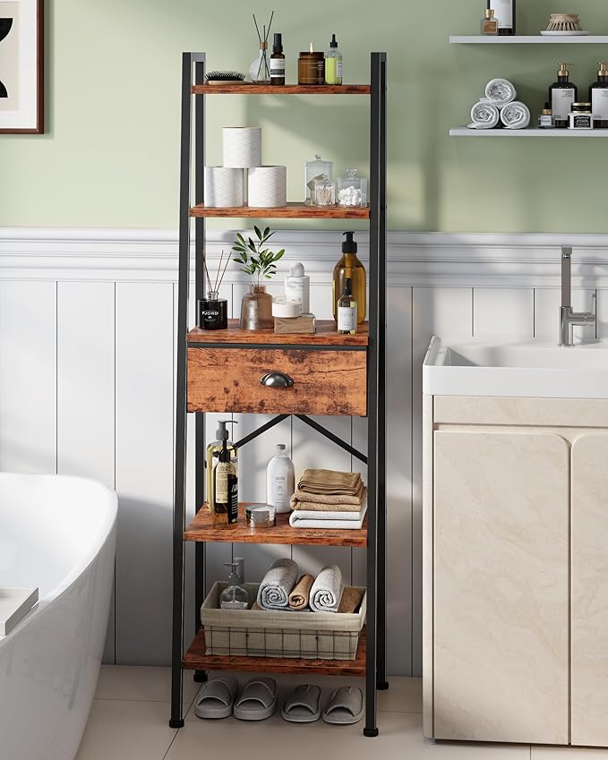 Furologee 5 Tier Ladder Shelf, Tall and Narrow Bookshelf with Drawer,Standing Bookcase Units, Industrial Open Display Shelves Organizer for Bathroom,Kitchen,Bedroom,Living Room,Rustic Brown