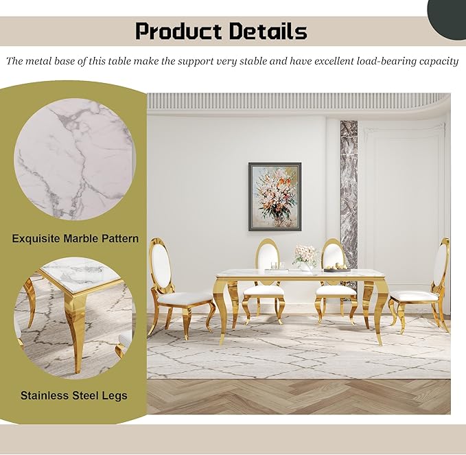 7-Piece Dining Table Set for 6, Faux Marble Modern Dining Table Set with 6 Big Oval Backrest Chairs, 70“ Stainless Steel Legs Table & Chair Set for Kitchen, Dining Room, White & Gold