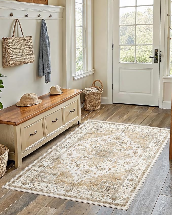 AMADA HOMEFURNISHING 3x5 Washable Area Rug, Low-Profile Entryway Rug with Non-Slip Backing & Durable Edge Binding, Vintage Rugs for Bedroom, Entryway & Kitchen