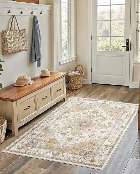 AMADA HOMEFURNISHING 4x6 Washable Area Rug, Low-Profile Entryway Rug with Non-Slip Backing & Durable Edge Binding, Vintage Rugs for Bedroom, Entryway & Kitchen