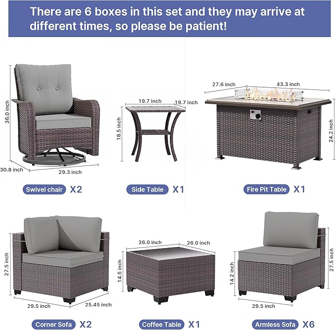 Gotland 13 Pieces Patio Furniture Set with Fire Pit Table Swivel Chairs, PE Rattan Outdoor Furniture Set with 29.5'' High Backrest 4’’ Thick Cushions Coffee Table, Patio Set for Porch, Deck, Grey