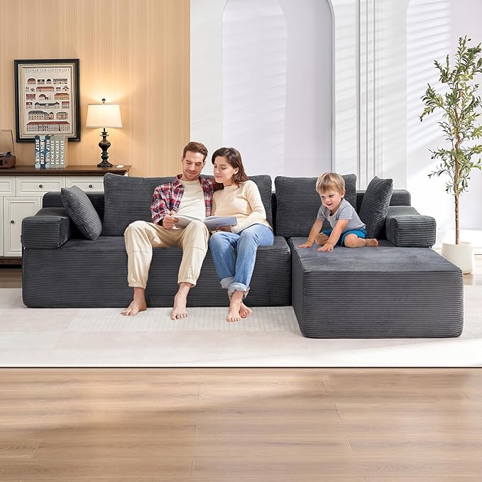 105" L-Shaped Modular Sectional Sofa with L-Shaped Boneless Couch, Cloud Couches for Living Room with Removable Arms, Convert Left/Right Facing, Plush Corduroy, No Assembly, Grey