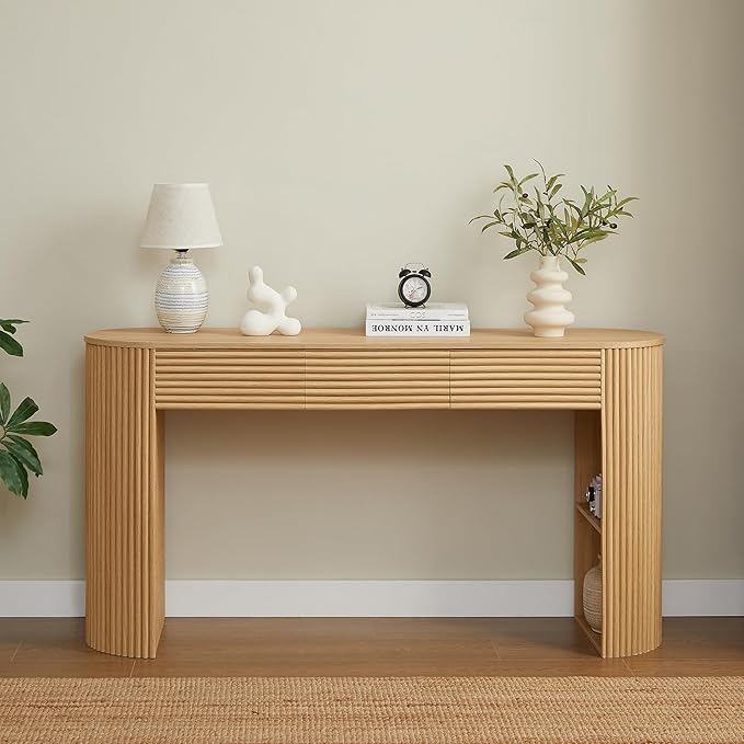Merax Modern Retro Entryway Table, Rounded Console Table with3 Drawers and Open Hidden Storage for Living Room, Hallway and Office, Nature