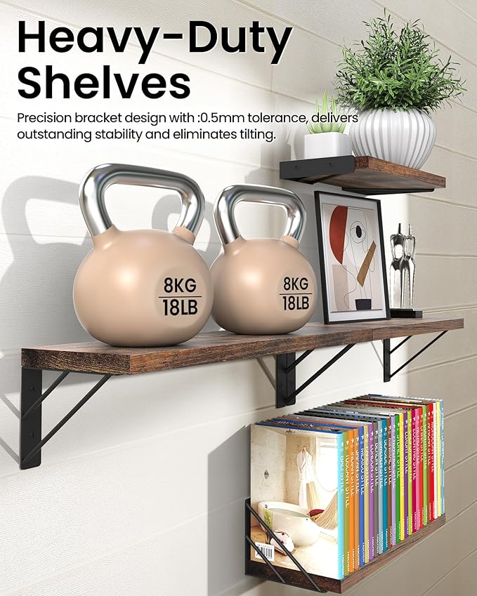 BAYKA Wall Shelves for Bedroom Decor, Floating Shelves for Wall Living Room Kitchen Storage, Mounted Rustic Wood Floating Shelves for Kids Books, Corner Shelf for Bathroom(Rustic Brown，Set of 4)