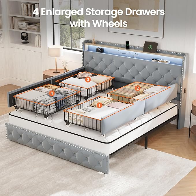 LARMACE King Size Bed Frame Velvet Upholstered LED Tufted King Platform Bed and Headboard with 4 Storage Drawers&USB Type-C Charging Station,No Box Spring Need/Noise Free,Easy Assembly,Bluish Grey