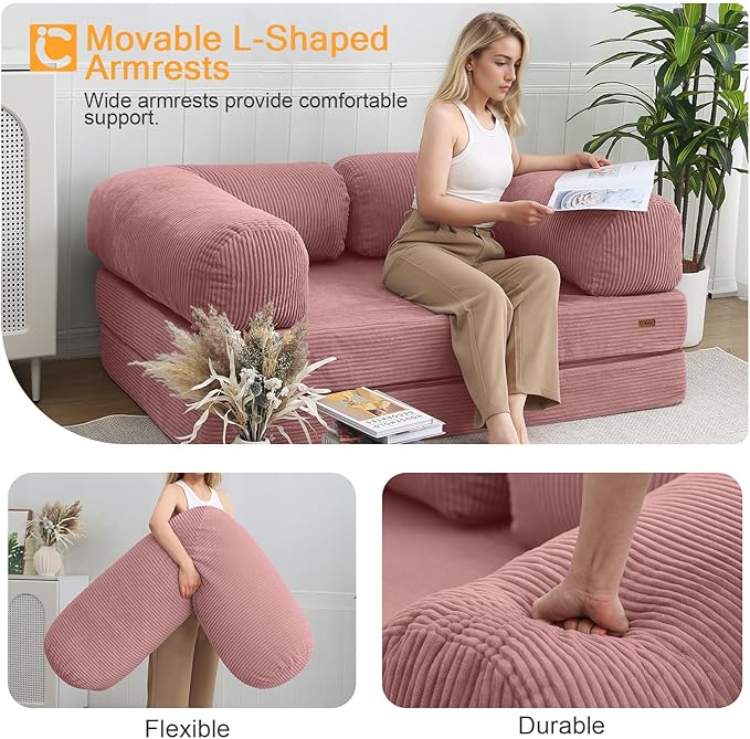COMAX Folding Sofa Bed Queen, 4-in-1 Convertible Foldable Floor Couch Futon Sofa with Armrests, Sleeper Mattress Fold Out Chair Bed Comfy Portable Lounge Guest for Living Room Bedroom, Pink