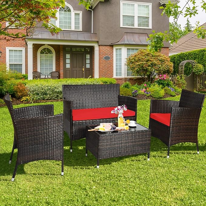 Tangkula 8 PCS Patio Rattan Conversation Set, Outdoor Wicker Furniture Set with Tempered Glass Coffee Table &Thick Cushion, Rattan Chair Wicker Set for Garden, Lawn, Poolside and Backyard (2, Red)