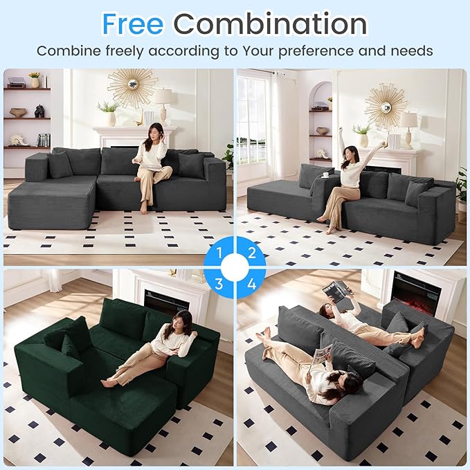 PUREMIND 106" Cloud Sectional Couch for Living Room, Corduroy L Shape Sofa with Deep Seat, Modular Boneless Foam Couch Corner Couches No Assembly Required