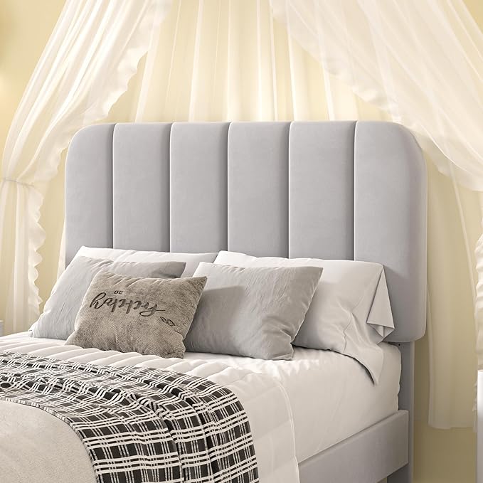 VECELO Twin Size Bed Frame with Upholstered Headboard, Velvet Platform Bedframe Mattress Foundation, Strong Wood Slat Support, No Box Spring Needed,Light Grey