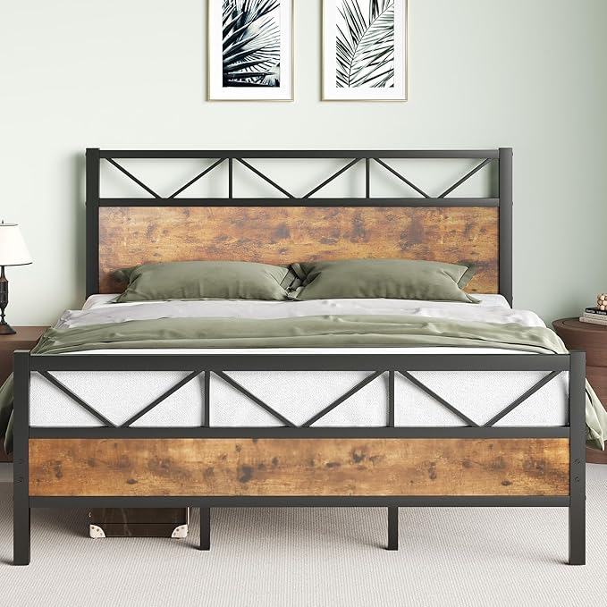 King Size Bed Frame, 51.2" Tall Industrial Headboard, King Platform Bed Frame with Strong Steel Slats Support, Noise Free, No Box Spring Needed, Easy Assembly, Rustic Brown