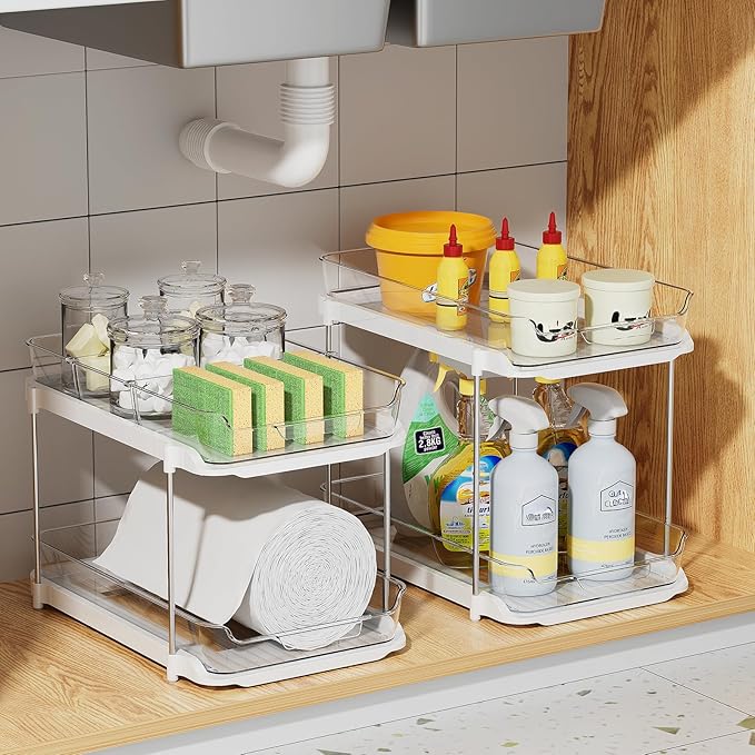 Delamu 4 Pack 2-Tier Bathroom Under Sink Organizers and Storage, Multi-Purpose Stackable Pantry Organization and Storage, Pull Out Clear Kitchen Bathroom Cabinet Organizer with Movable Dividers, White