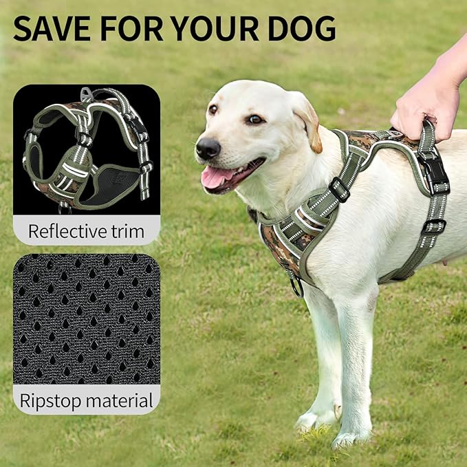HEELE Dog Harness, No Pull Adjustable Padded Reflective Harness for Small Medium Large Dogs with Handle for Walking Training, Camo Green, L