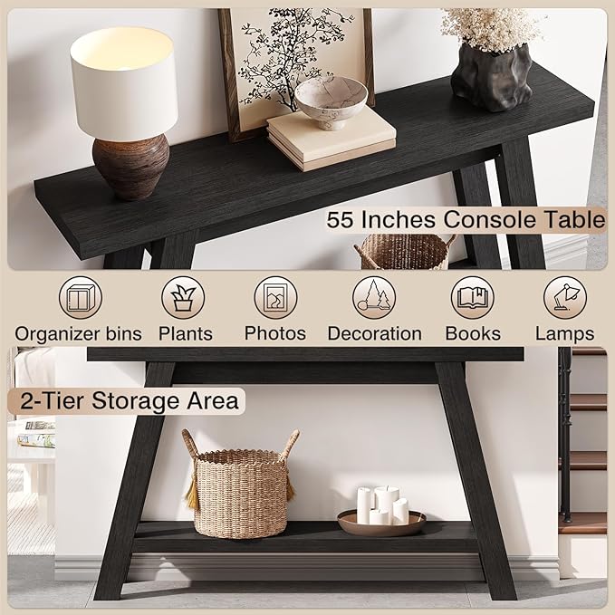 Black Console Table, 55Inch Entryway Console Tables 2-Tier Narrow Wood Console Table Behind Couch Sofa Tables for Living Room, Entryway, Hallway (Black)