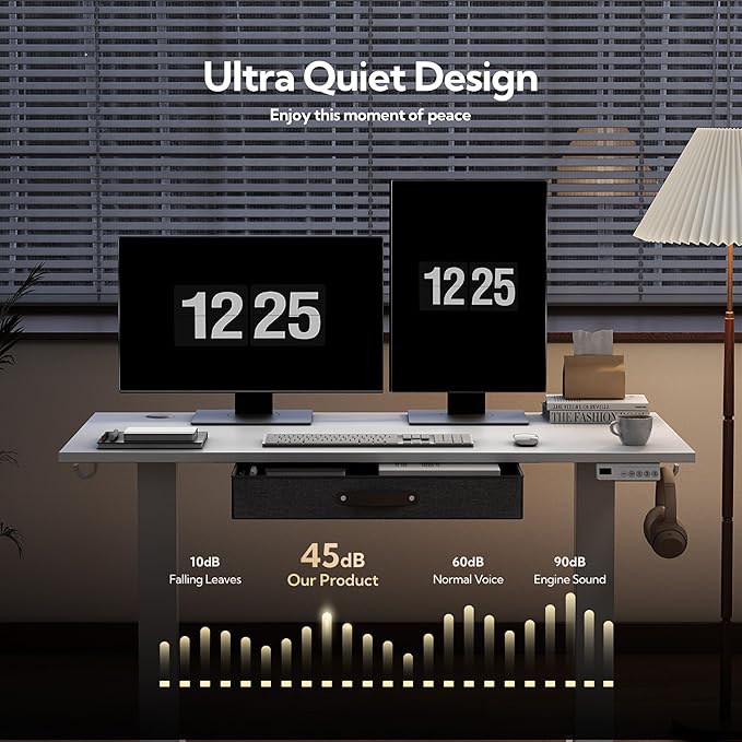 Seang Standing Desk with Drawer, 40" x 24" Height Adjustable Stand Up Desk, 3 Memory Height Settings with Cable Grommets & Storage Hooks, Ideal for Home & Office, White